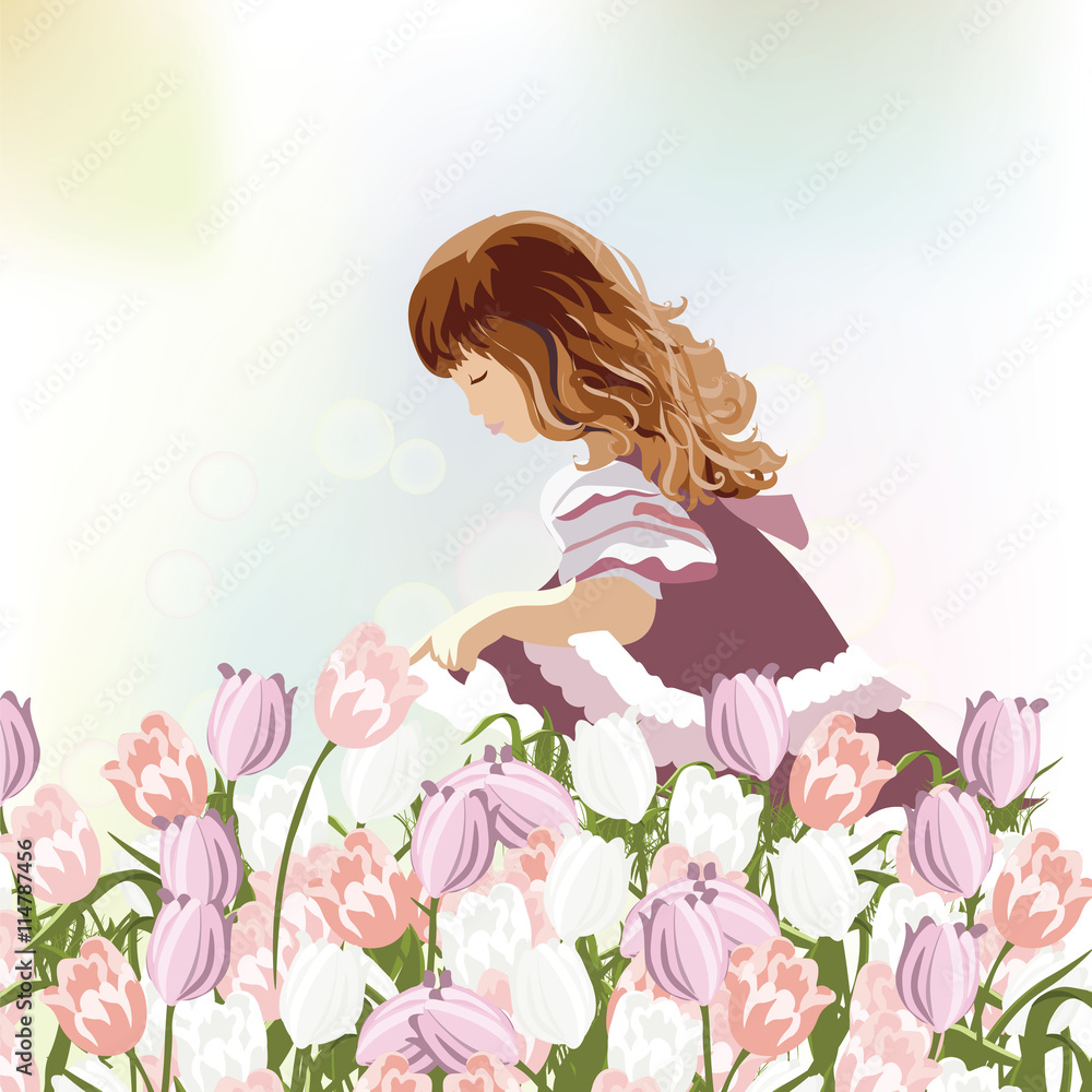 Little girl playing in a field of tulips flowers. Vector beautiful composition for Children's Day. Watercolor hand drawn technique