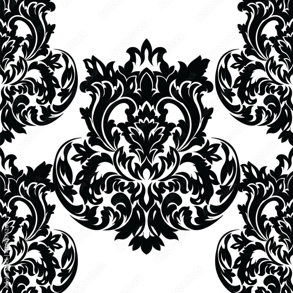 Vector Baroque floral Damask ornament pattern element. Elegant luxury texture for textile, fabrics or wallpapers backgrounds. Black color