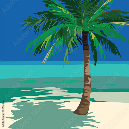 Summer Beach Ocean view  with Palm tree. Vector background card