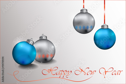 Happy New Year Sparkling baubles with snowflake ornament in silver and blue c...