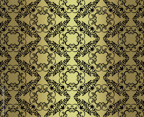 Vintage damask ornament pattern on golden background. Vector