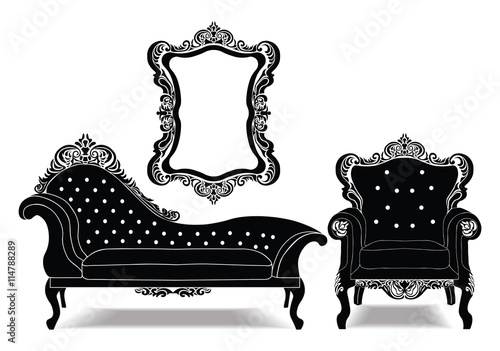 Classic Baroque royal set with luxurious ornaments . Vector sketch