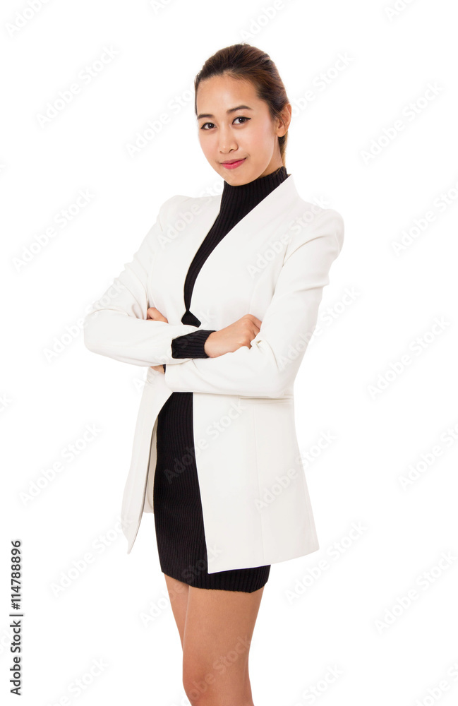 Portrait Of Smiling Business Woman Is Standing And Cross Arm, Isolated On White Background. Portrait Of Smiling Business Woman Is Standing And Cross Arm, Isolated On White Background.