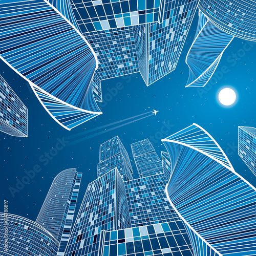 Business building, neon city, infrastructure illustration, modern architecture, skyscrapers, airplane flying, vector design art