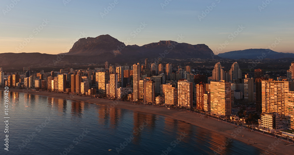 Obraz premium Aerial view of a Benidorm city coastline at sunset. Spain