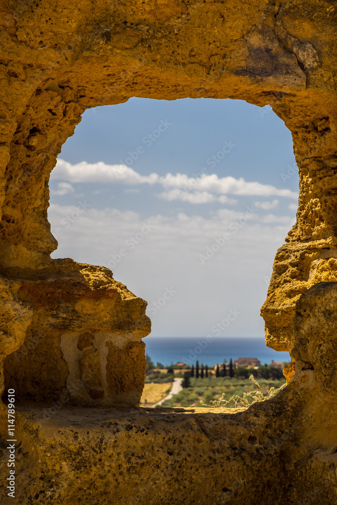 Window view from Valley of the Temple, Agrigento, Sicily, Italy