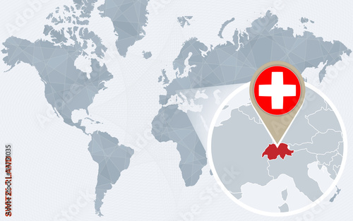 Abstract blue world map with magnified Switzerland.