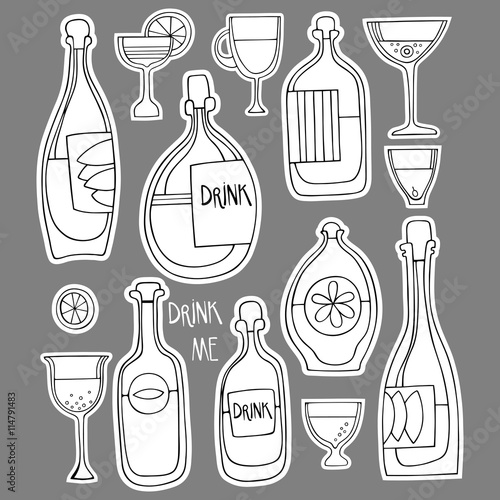 Different cartoon bottles and glasses. Monochrome Vector illustration. 