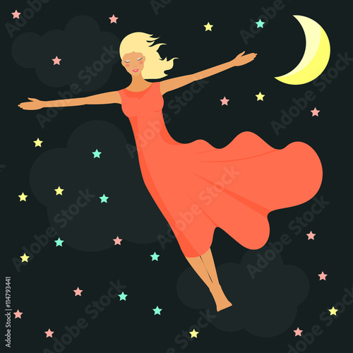 Stars, moon and girl  in a dream. Good night card.