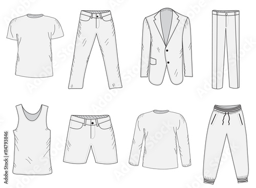 Clothing set sketch. Men's clothes, hand-drawing style. Business suit, jogging suit, T-shirt and shorts, summer clothes. Men's clothes vector illustration.