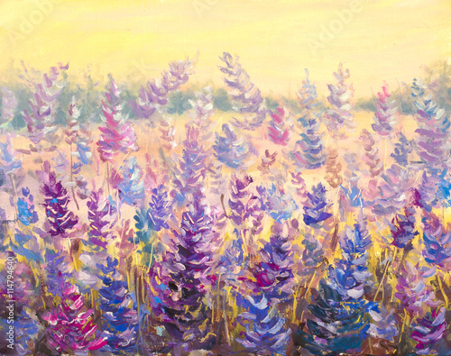 Field of delicate flowers in front of a forest. Lavender. Blue-purple flowers in summer oil painting on canvas. Impasto artwork. Impressionism art.