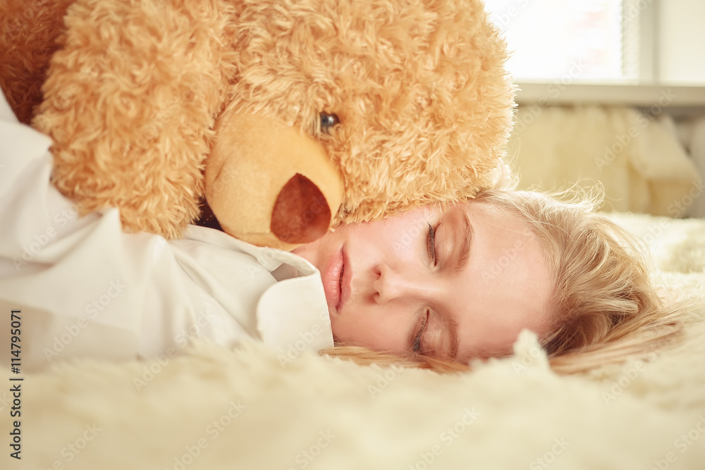 beautiful girl dreaming with teddy bear, toned image beautiful girl dreaming with teddy bear, toned image