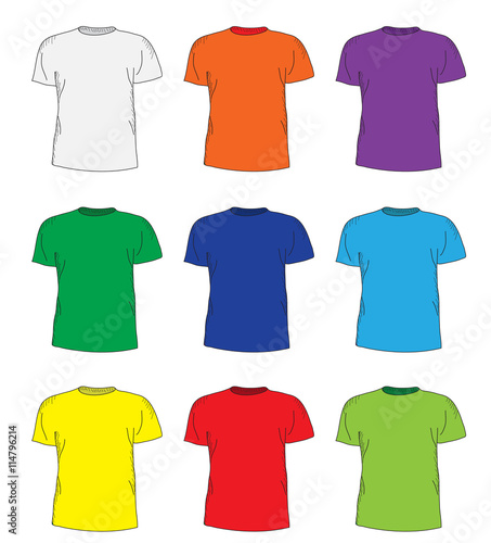 Men's t shirts design template set. Multi-colored T-shirts hand-drawing style. mockup shirts. Vector illustration © Lucia Fox