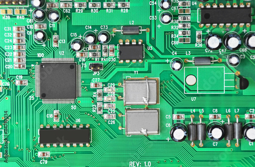 Fototapeta Naklejka Na Ścianę i Meble -  Close up of a printed green computer circuit board