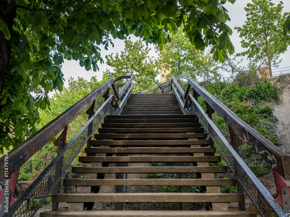 wooden stairs in a park leading up wooden stairs in a park leading up