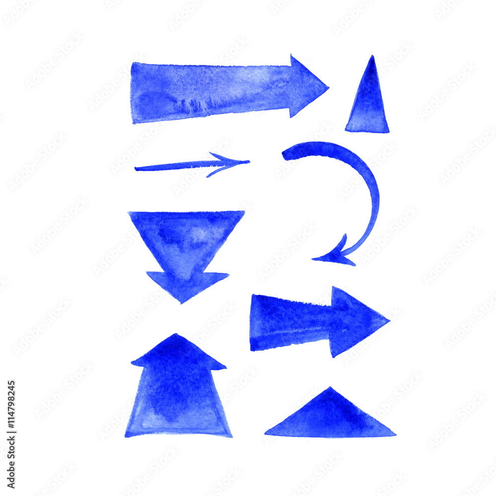 Blue hand-painted brush stroke arrows collection on white background Blue hand-painted brush stroke arrows collection on white background