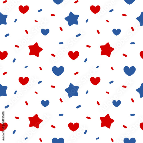 USA independence day 4th of july seamless vector pattern background illustration with hearts stars and confetti
