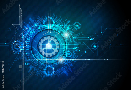 Vector illustration gear wheel, hexagons and circuit board, Hi-tech digital technology and engineering, digital telecom technology concept. Abstract futuristic on dark blue color background