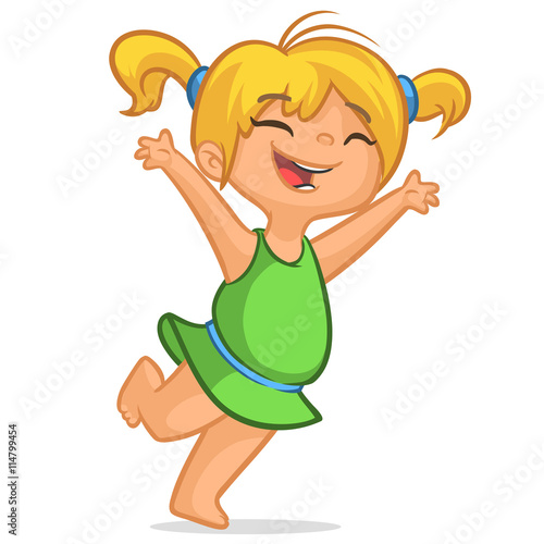 Illustration featuring a blond girl in a green dress jumping with glee. Holiday vector illustration cartoon style for greeting card, poster, banner. Blond teenager girl jumping summer illustration