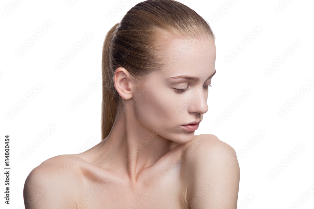 beauty woman shyly looking down on white beauty woman shyly looking down on white