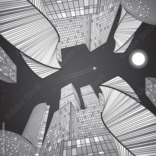 Business building, silver city, infrastructure illustration, modern architecture, skyscrapers, airplane flying, vector design art