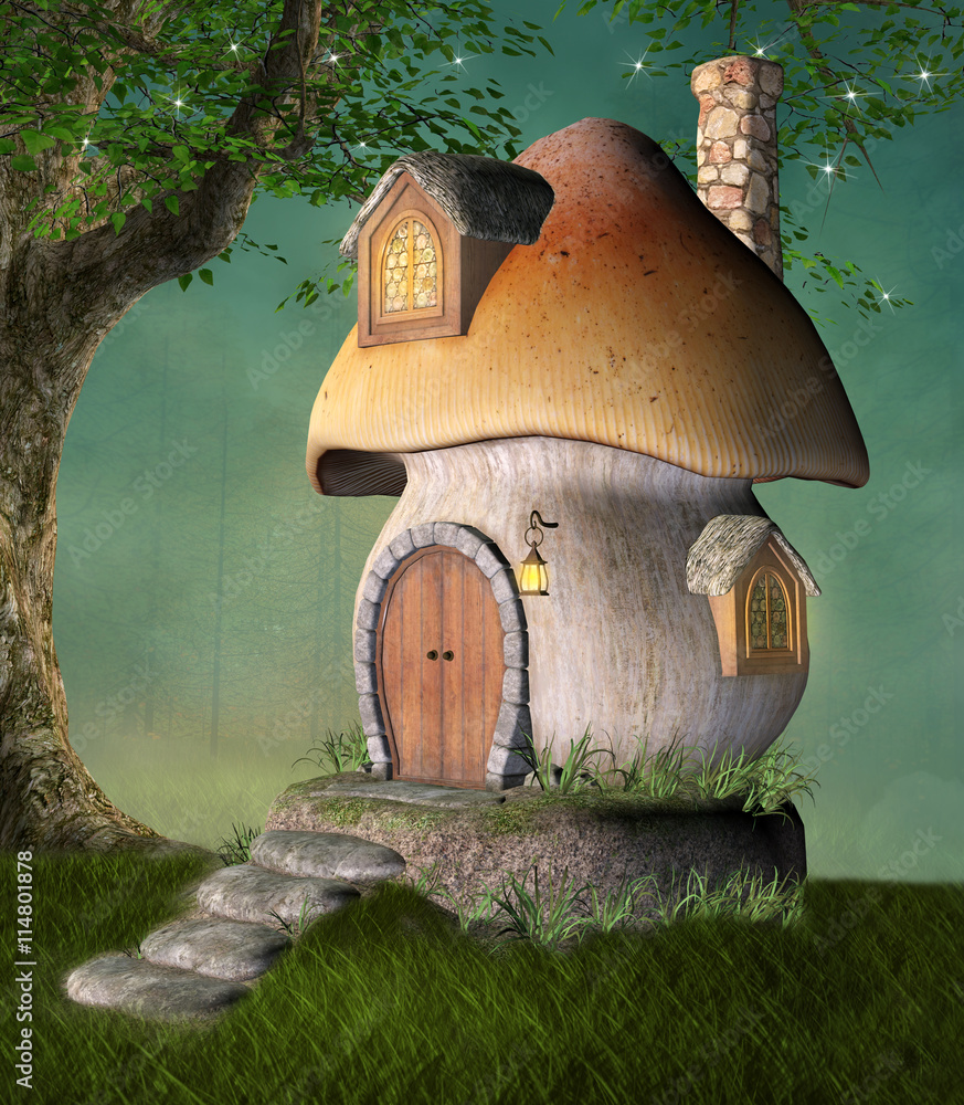 Fototapeta Mały fantazja dom w zielonej łące