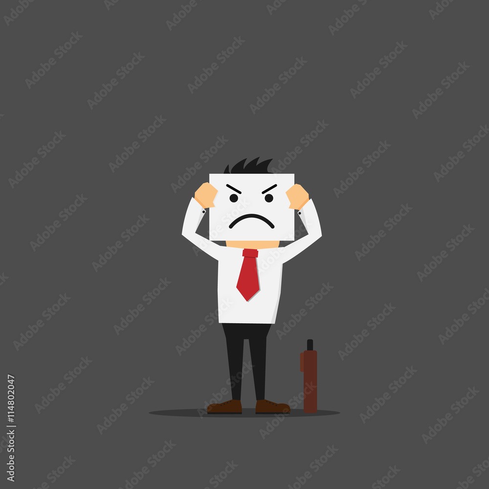 businessman holding white card with a angry face on it businessman holding white card with a angry face on it