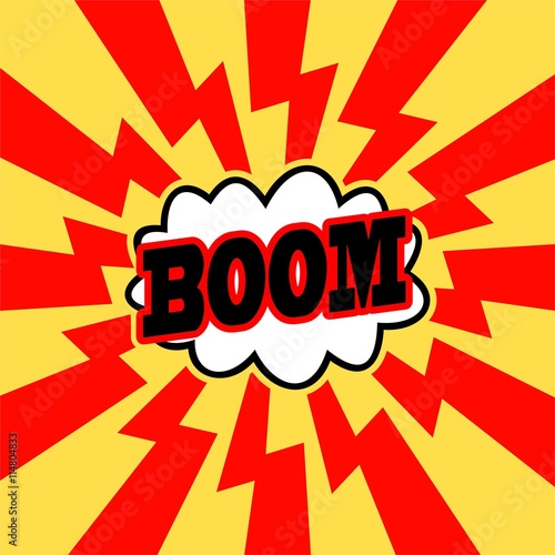 Vintage, cracked background. Pop art, comic style. Cloud with ray and BOOM wording sound effect .