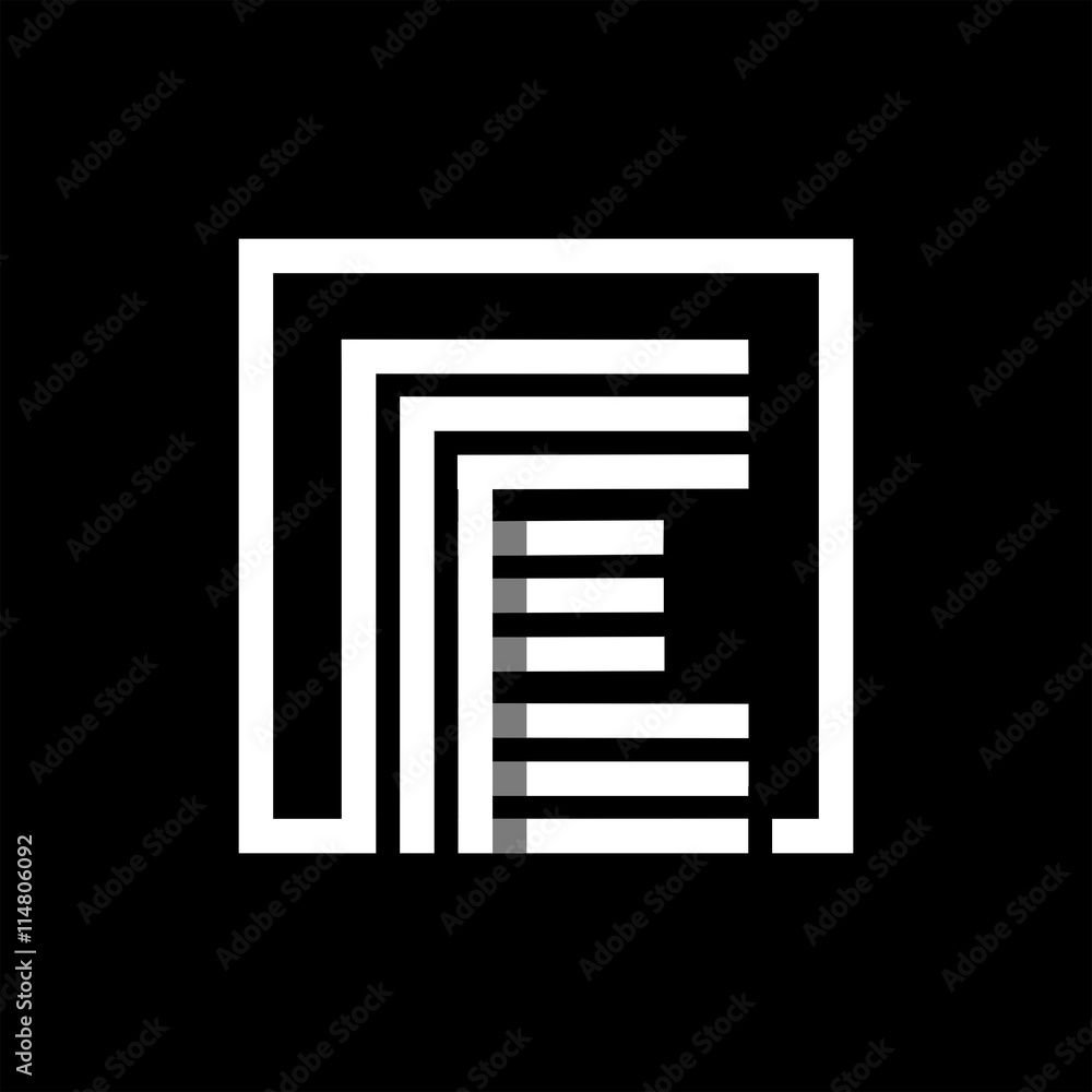 E capital letter made of of three white stripes enclosed in a square. . Overlapping with shadows monogram, logo, emblem. Trendy design. E capital letter made of of three white stripes enclosed in a square. . Overlapping with shadows monogram, logo, emblem. Trendy design.