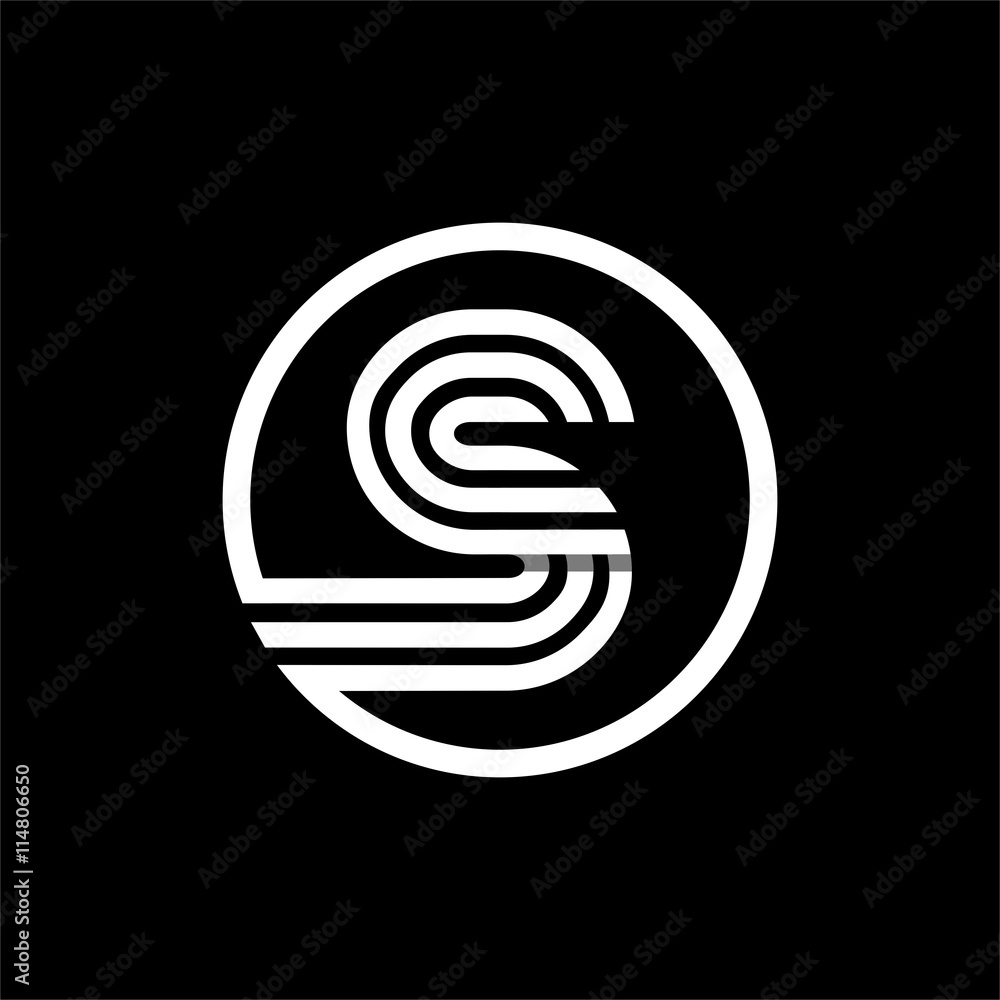 S capital letter made of of three white stripes enclosed in a circle . Overlapping with shadows monogram, logo, emblem. Trendy design. S capital letter made of of three white stripes enclosed in a circle . Overlapping with shadows monogram, logo, emblem. Trendy design.