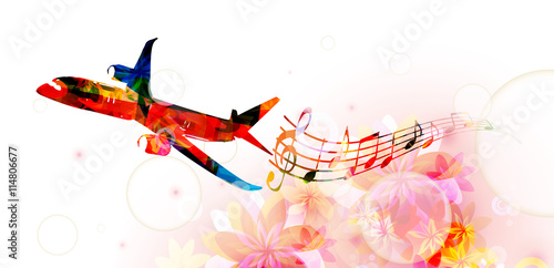 Vector illustration of colorful airplane with music notes