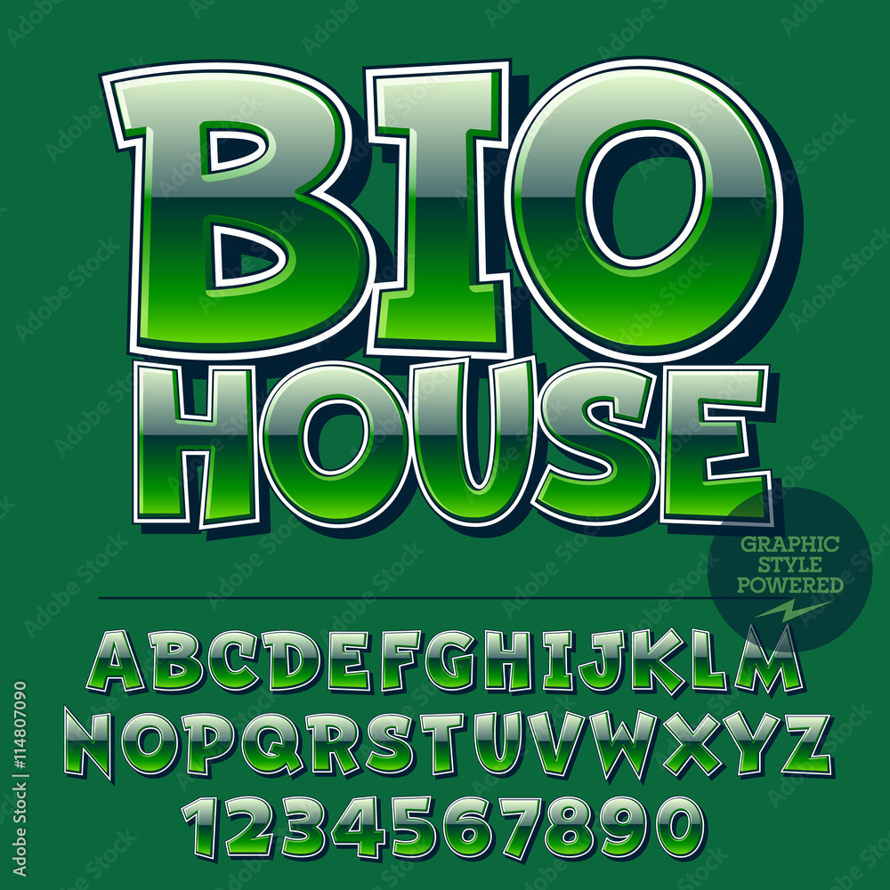 Fototapeta premium Glossy set of alphabet letters, numbers and punctuation symbols. Reflective vector icon with text Bio House