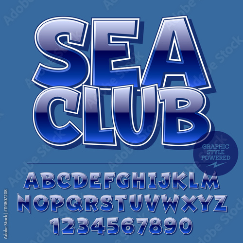 Glossy set of alphabet letters, numbers and punctuation symbols. Reflective vector emblem with text Sea Club