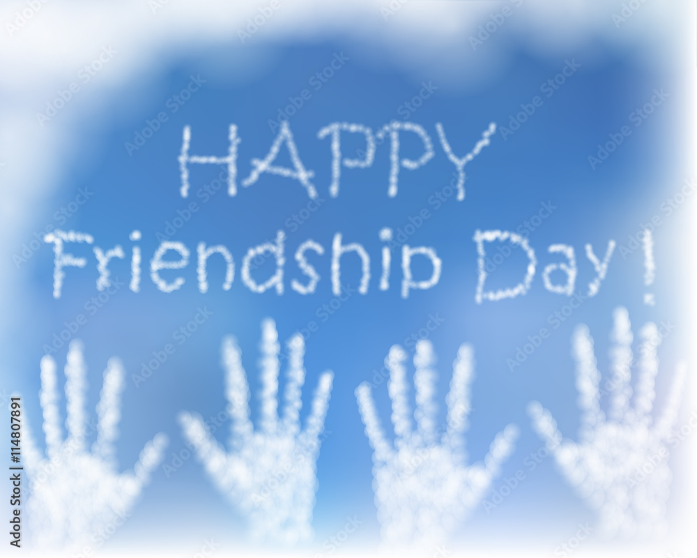 Card with greeting for celebration of friendship day. The hands made of cluds in blue sky. Card with greeting for celebration of friendship day. The hands made of cluds in blue sky.