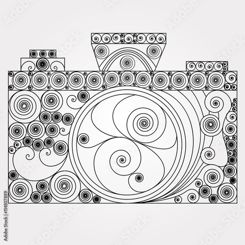 The photo camera in quilling style. Black-and-white design retro and vintage type. Line-art object for photography.