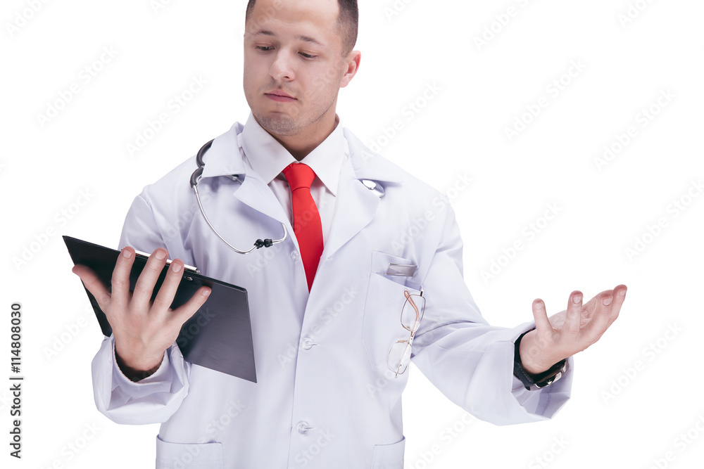 Doctor with a red tie holding a tablet . High resolution. Doctor with a red tie holding a tablet . High resolution.