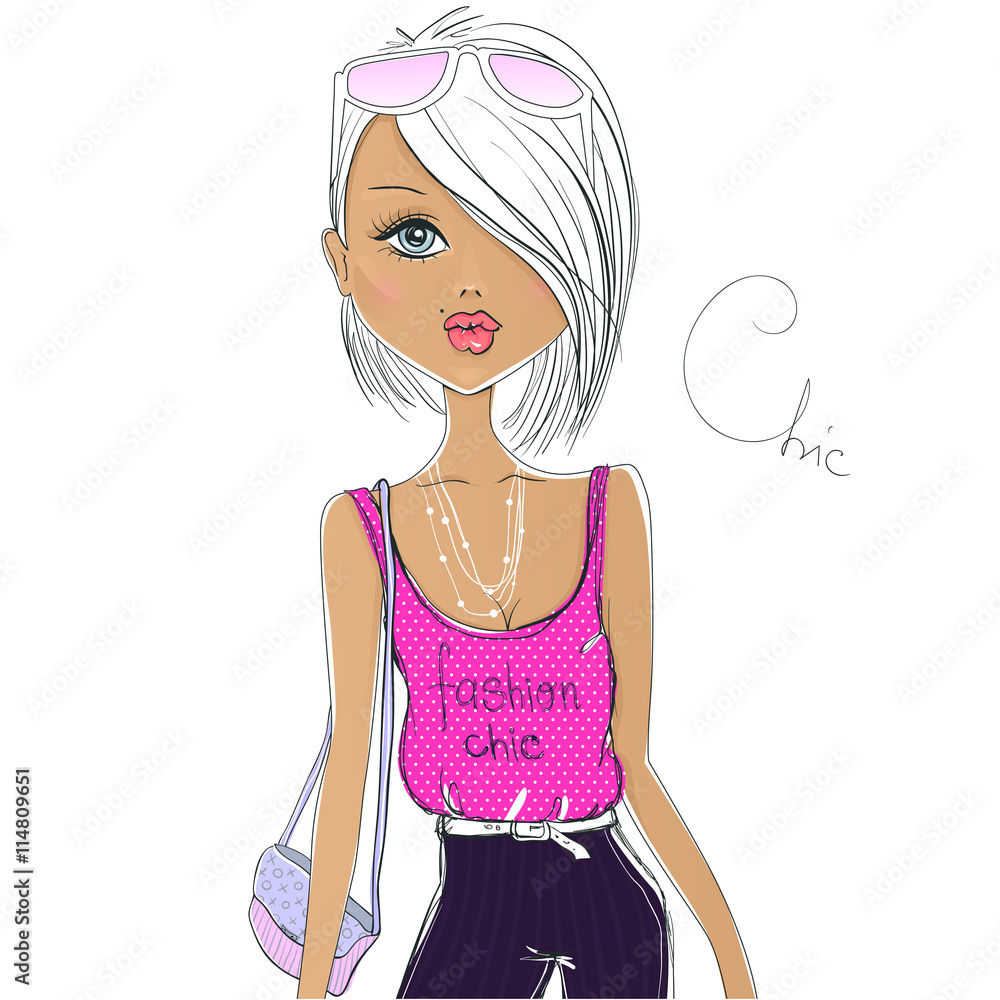 Cute fashion cartoon girl in sketch style. Fashion vector girl. Cute fashion cartoon girl in sketch style. Fashion vector girl.