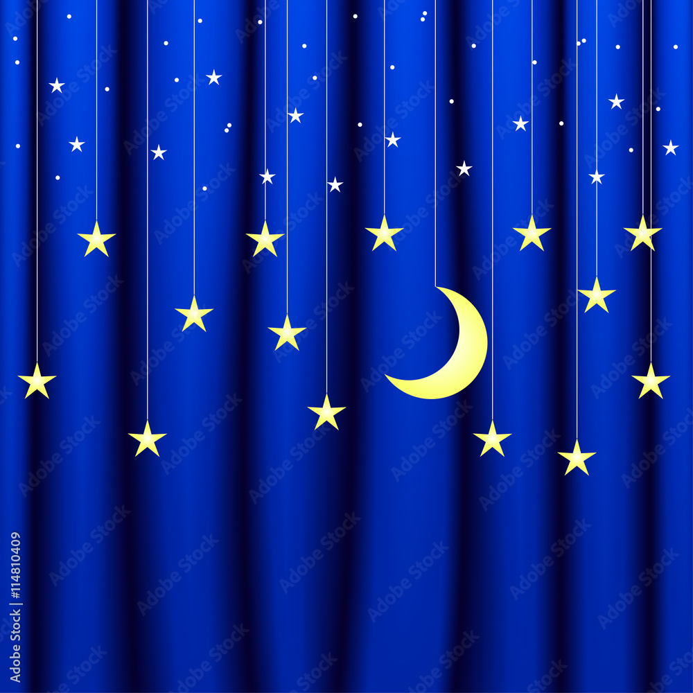Background conceptual image of blue curtain with stars of different sizes and moon, theater Background conceptual image of blue curtain with stars of different sizes and moon, theater