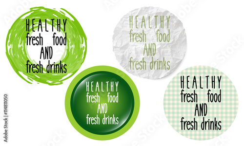 Set of four circular icons with the words healthy fresh food and