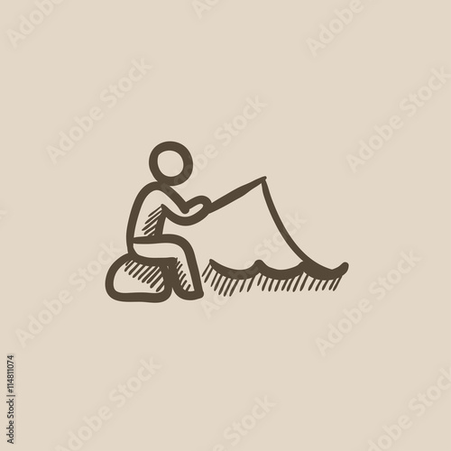Fisherman sitting with rod sketch icon.