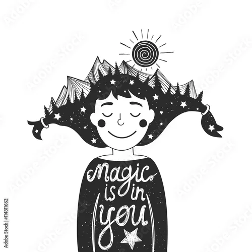 Naklejka na ścianę plakat typografii z dziewczyną i górami we włosach i cytat