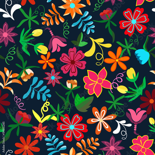 Fototapeta Naklejka Na Ścianę i Meble -  Seamless floral background.Colorful flowers and leafs on dark bl
