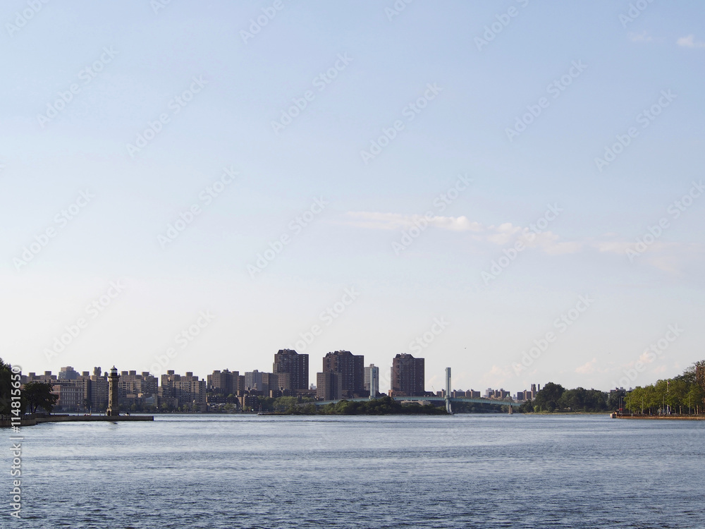 Panoramic view of New York with Wards Island Bridge and Blackwell lighthouse