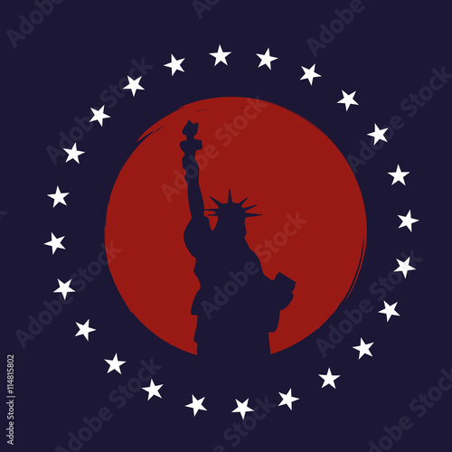 Statue of Liberty in the background of red moon (the circle). Vector Image. Poster, banner, print.