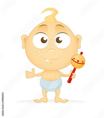 Baby Boy with Rattle Isolated on White Background.