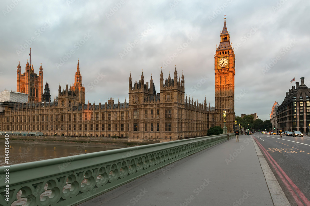 Sunrise painting Big Ben Clock Tower and Parliament house at city of westminster, London England UK