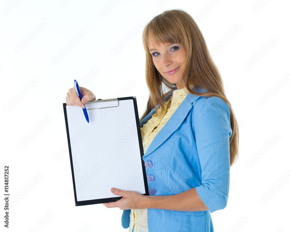 Businesswoman shows blank clipboard.. Businesswoman shows blank clipboard..