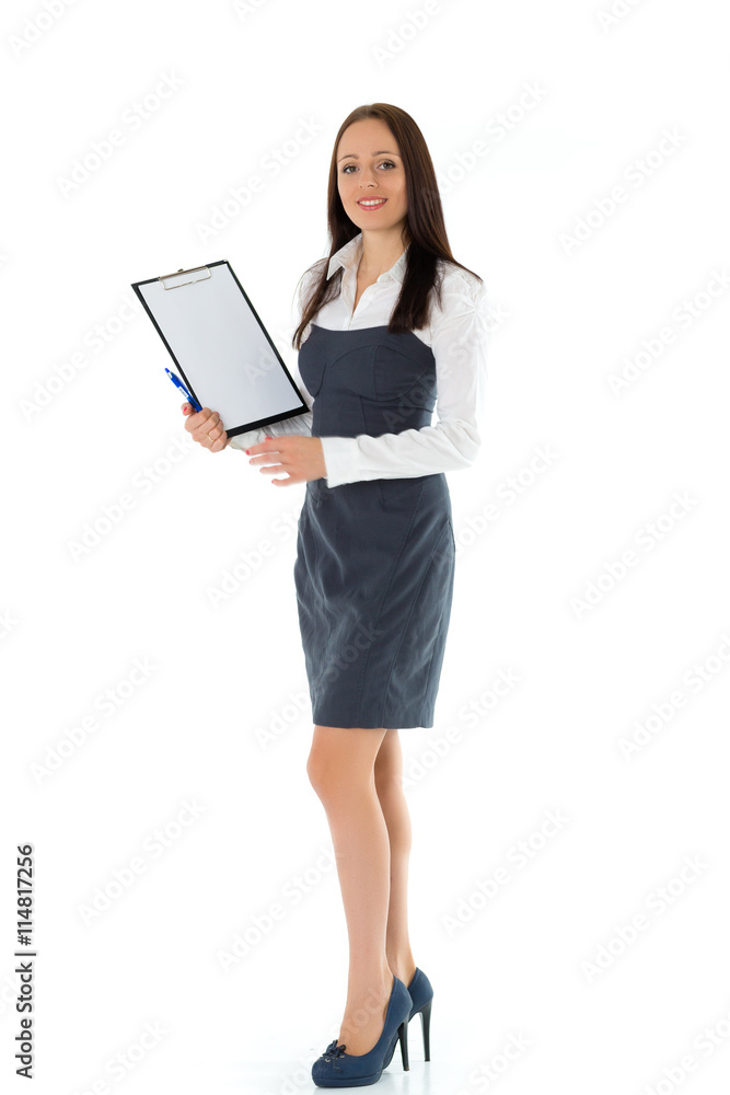 Businesswoman shows blank clipboard.. Businesswoman shows blank clipboard..