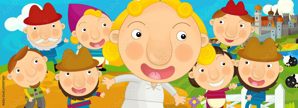 Cartoon scene - with farm people being happy - illustration for different fairy tales - for children