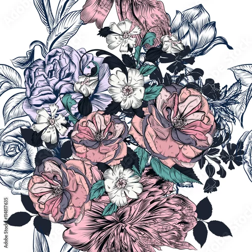 Obraz Piękny wzór z ręcznie rysowane róż i kwitnie